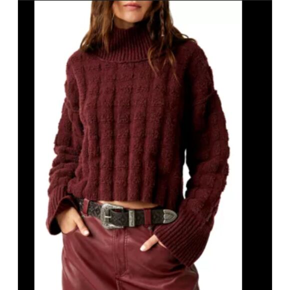 Free People Soul Searcher Sweater Wine Heather Mock Neck Medium Cozy Chunky Knit - Picture 1 of 8
